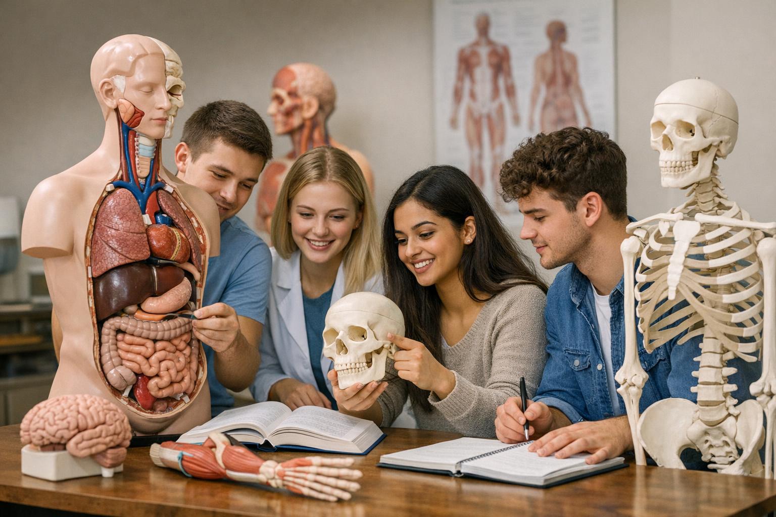 zdjęcie grupy studentów uczących się na modelach anatomicznych