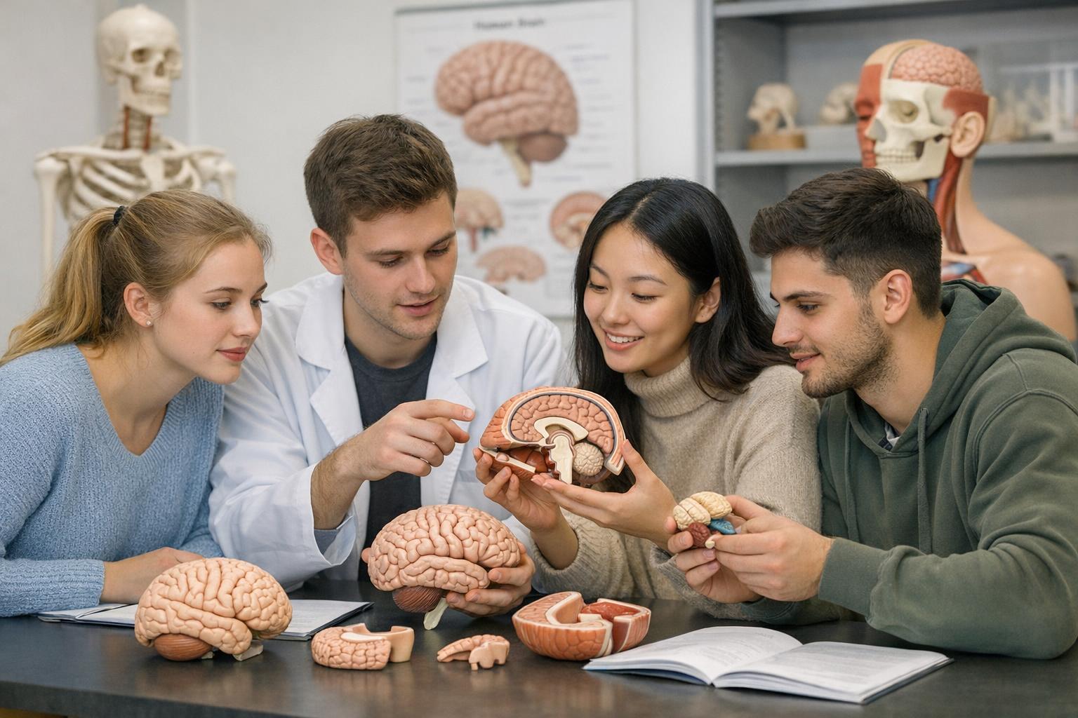Warsztat z modelami anatomicznymi — studenci analizują strukturę mózgu